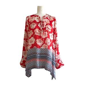 Rafaella Blouse Top Red Floral Tie Front Rolled Tab Sleeve Blouse Top Medium NEW